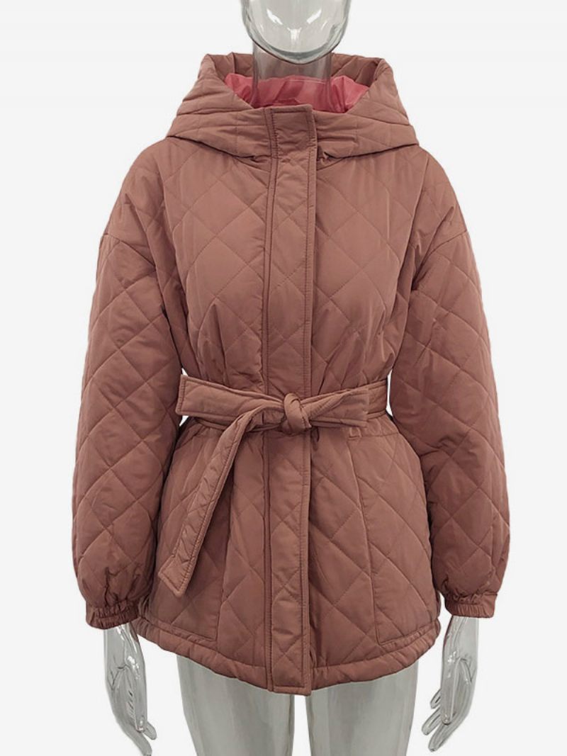 Veste Matelassée À Capuche Et Ceinture Coton Vêtements D'extérieur D'hiver Pour Femmes - Rouge Foncé