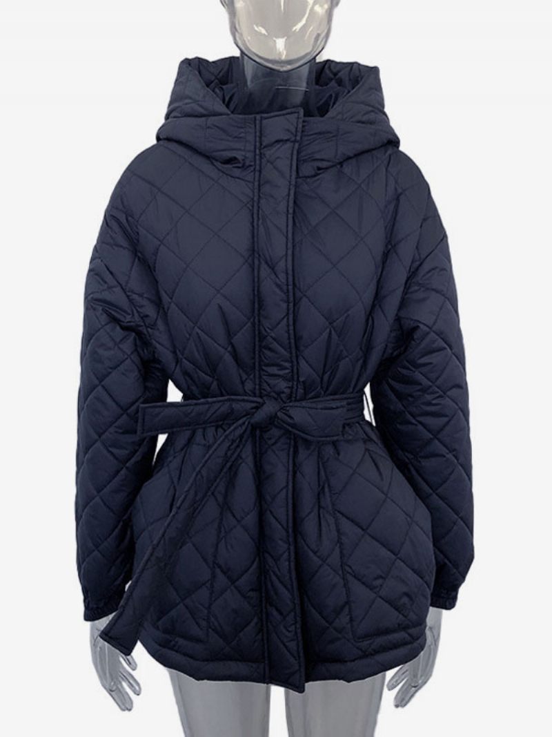 Veste Matelassée À Capuche Et Ceinture Coton Vêtements D'extérieur D'hiver Pour Femmes - Bleu Profond