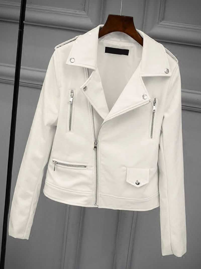 Veste Moto Blanche À Col Rabattu Cuir Pu Vêtements D'extérieur Printemps Pour Femmes