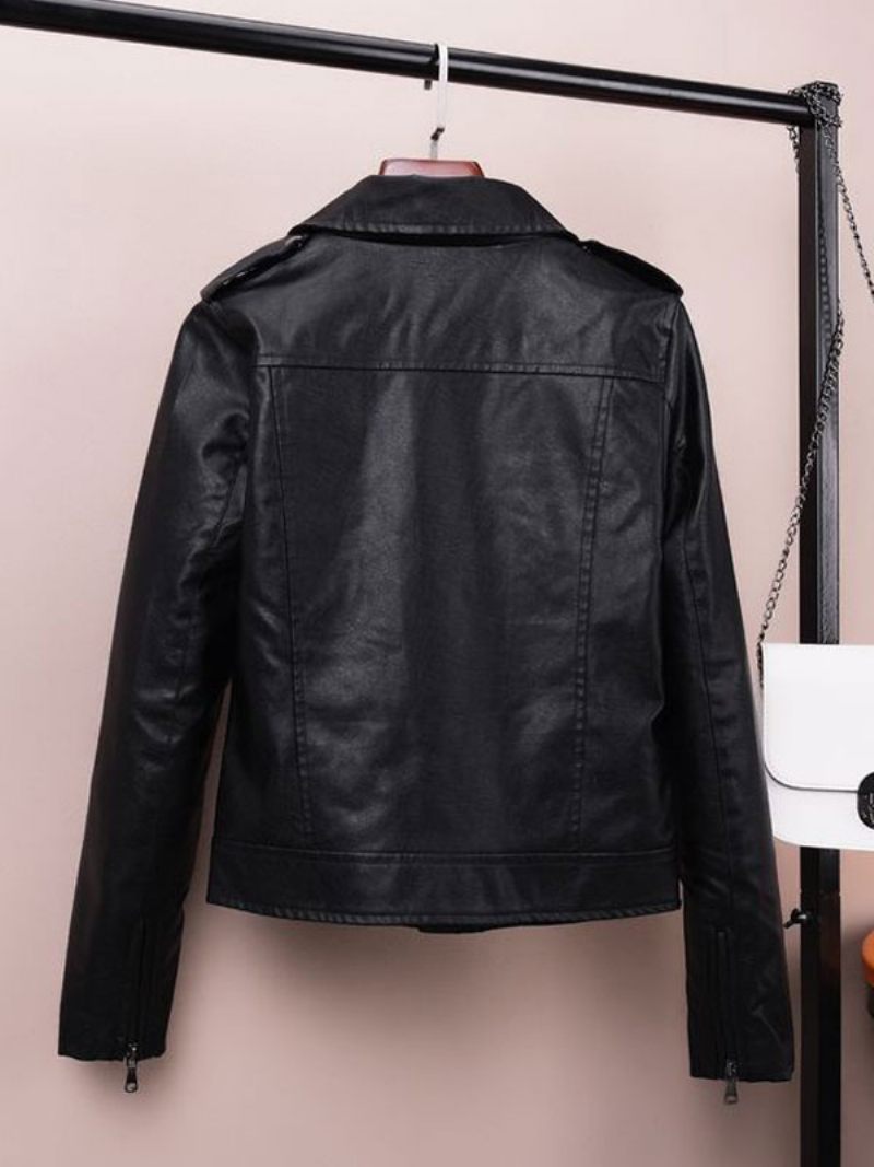 Veste Moto Blanche À Col Rabattu Cuir Pu Vêtements D'extérieur Printemps Pour Femmes - Noir