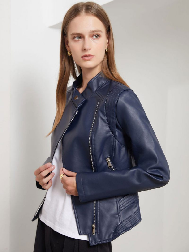 Veste Moto Cuir Pu Col Montant Vêtements D'extérieur Motard Printemps Pour Femmes - Marine Foncé