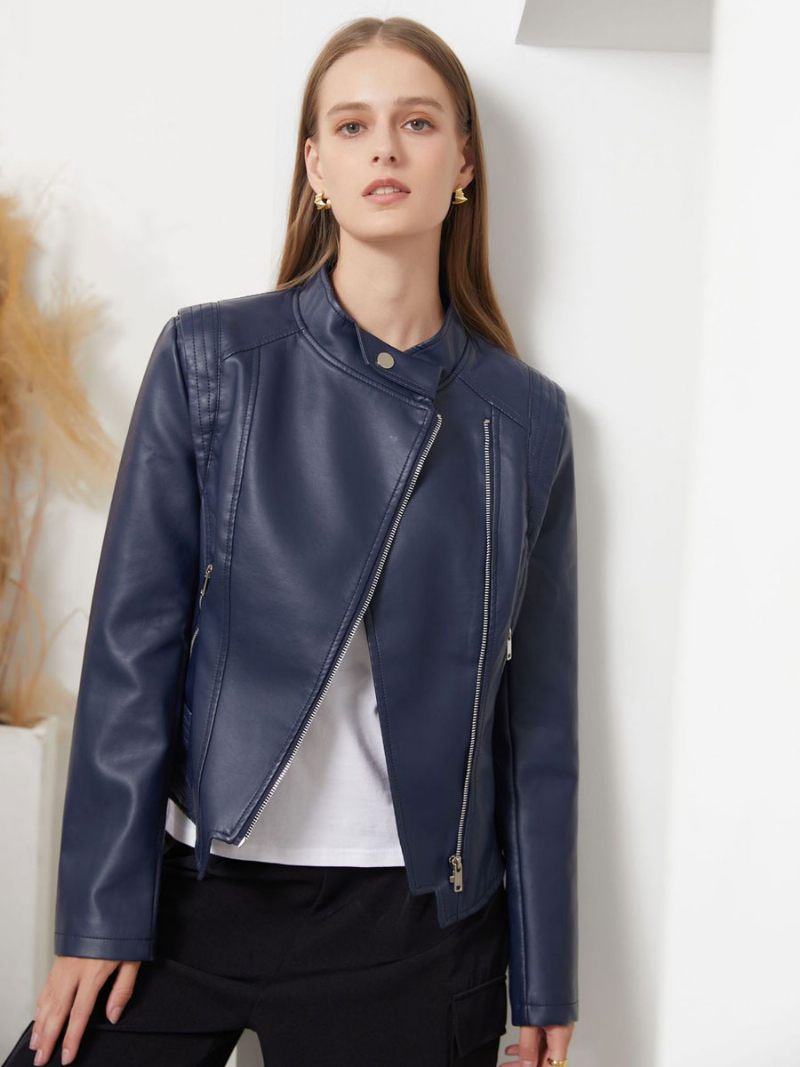 Veste Moto Cuir Pu Col Montant Vêtements D'extérieur Motard Printemps Pour Femmes - Marine Foncé