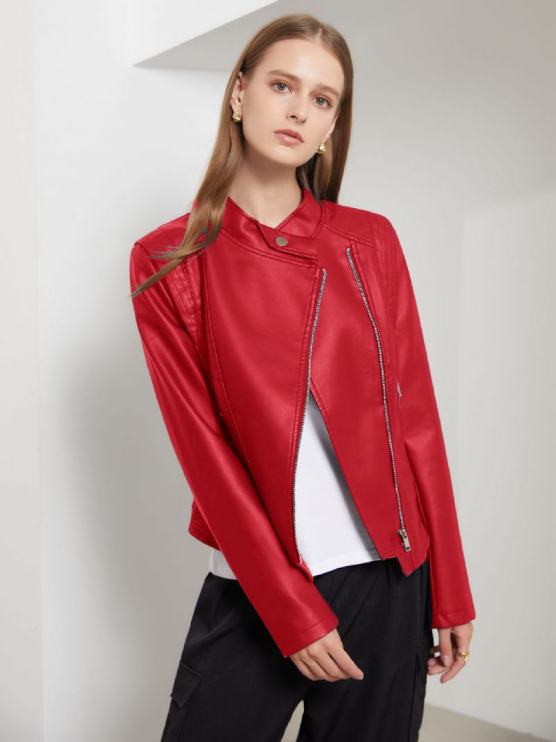 Veste Moto Cuir Pu Col Montant Vêtements D'extérieur Motard Printemps Pour Femmes - Rouge