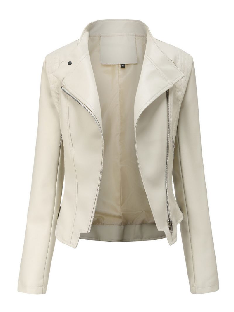 Veste Moto Cuir Pu Col Montant Vêtements D'extérieur Motard Printemps Pour Femmes - Beige