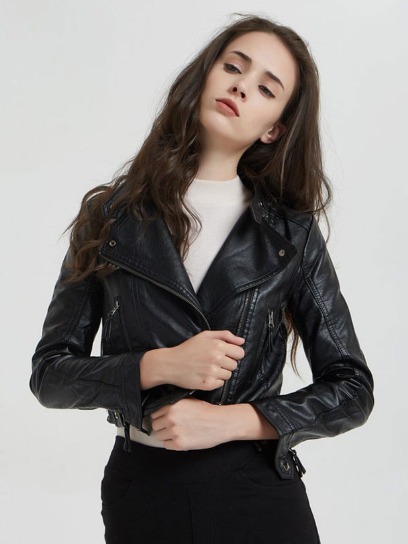 Veste Moto Cuir Pu Col Montant Vêtements D'extérieur Printemps Pour Petit Ami Femmes - Noir