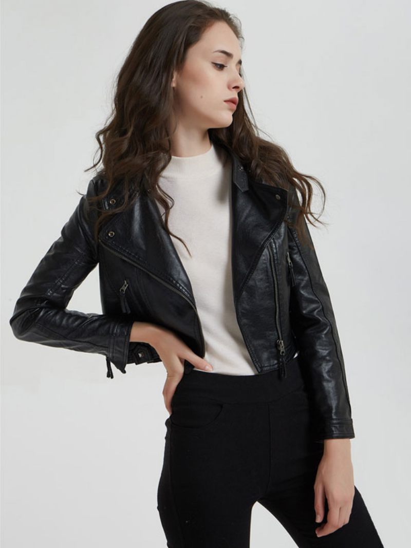 Veste Moto Cuir Pu Col Montant Vêtements D'extérieur Printemps Pour Petit Ami Femmes - Noir