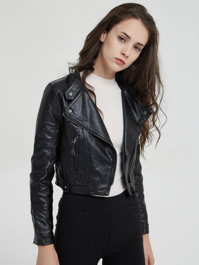 Veste Moto Cuir Pu Col Montant Vêtements D'extérieur Printemps Pour Petit Ami Femmes - Noir