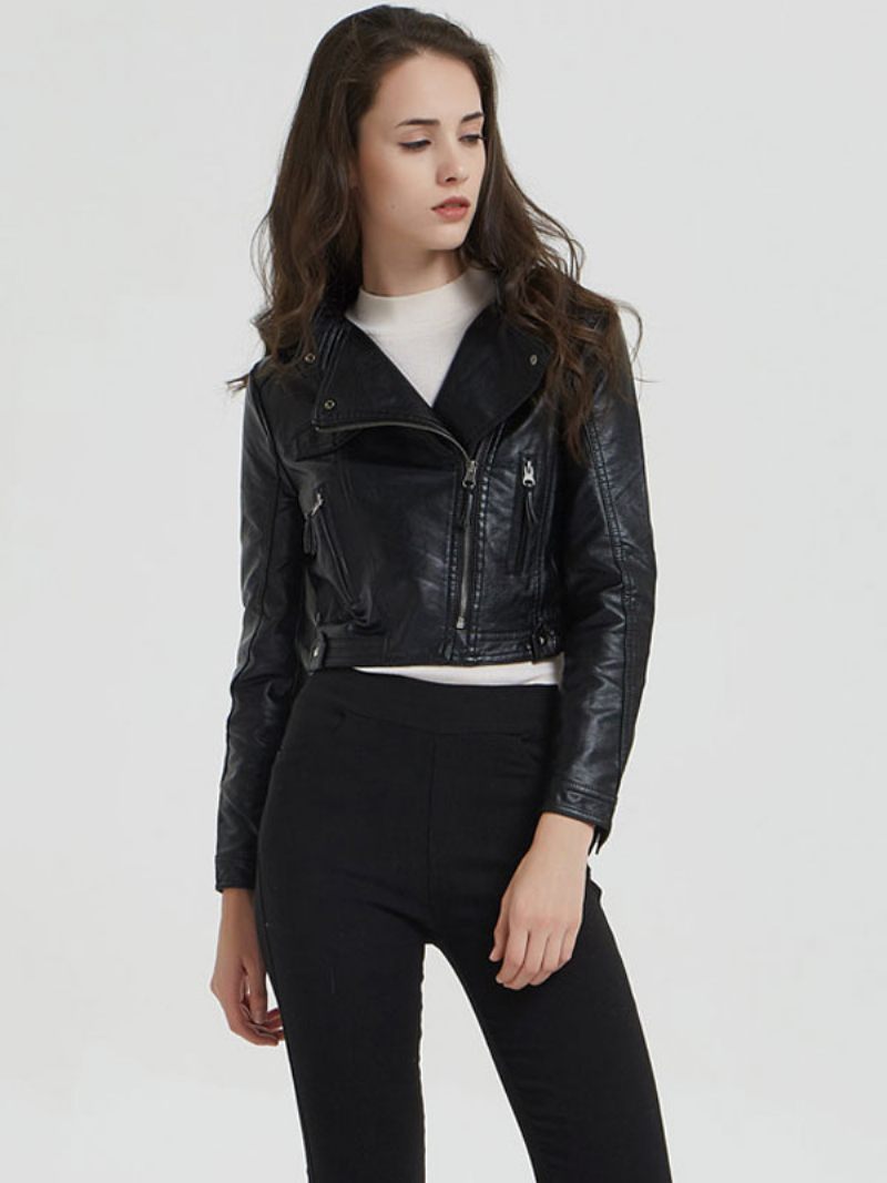 Veste Moto Cuir Pu Col Montant Vêtements D'extérieur Printemps Pour Petit Ami Femmes - Noir