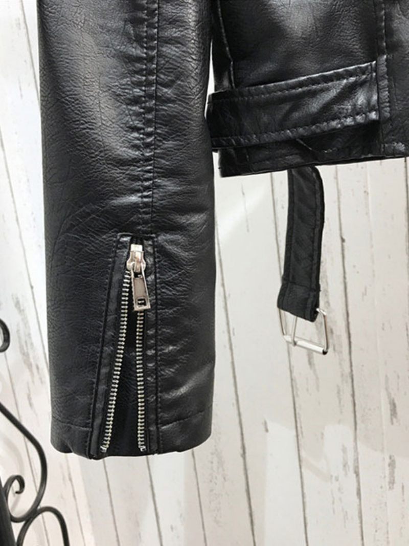 Veste Moto Cuir Pu Pour Femmes Col Rabattu Vêtements D'extérieur Printemps Noirs - Noir