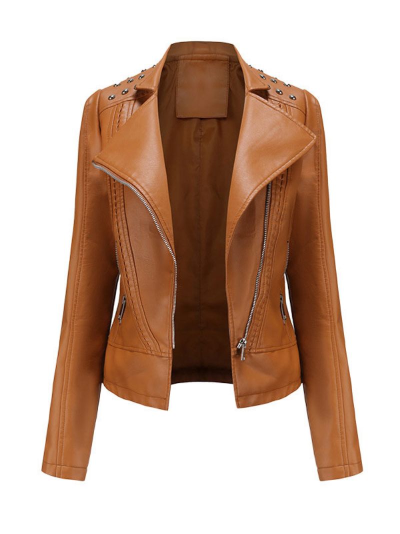 Veste Moto Cuir Pu Pour Femmes Vêtements D'extérieur Courts Printemps - Marron Café