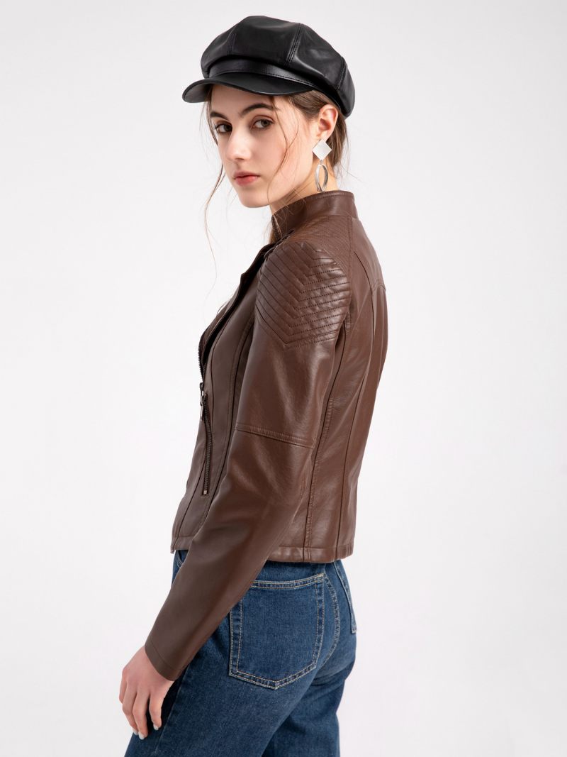 Veste Moto Cuir Pu Taille Haute Vêtements D'extérieur Motard Printemps Pour Femmes - Marron Foncé