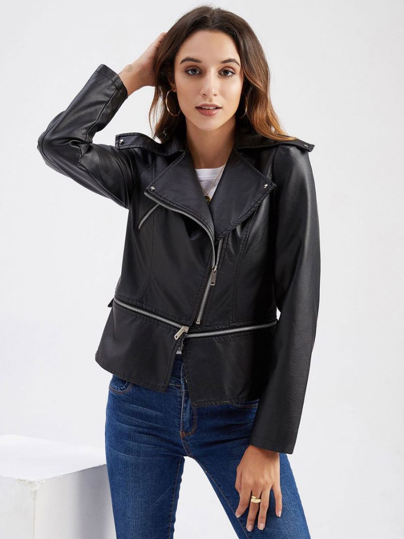 Veste Moto Faux Cuir Abricot Clair Pu Ourlet Détachable Fermeture Éclair À Revers Vêtements D'extérieur Motard Pour Femmes Printemps Et Automne