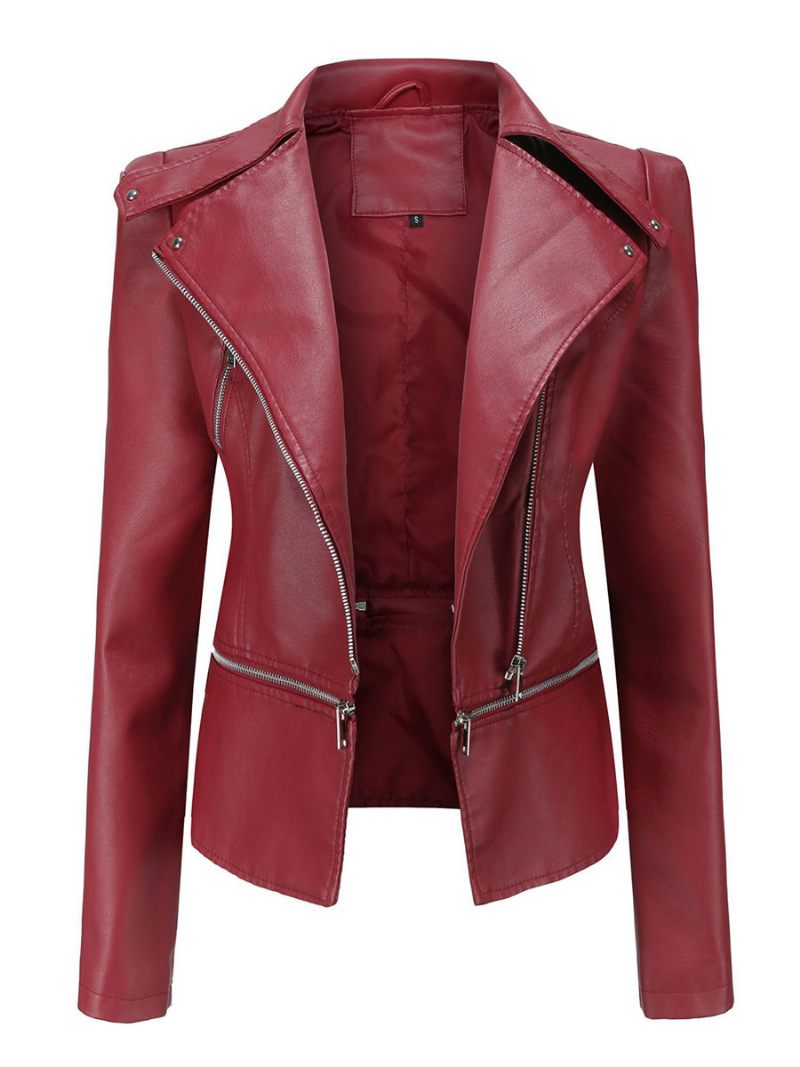 Veste Moto Faux Cuir Abricot Clair Pu Ourlet Détachable Fermeture Éclair À Revers Vêtements D'extérieur Motard Pour Femmes Printemps Et Automne - Bourgogne