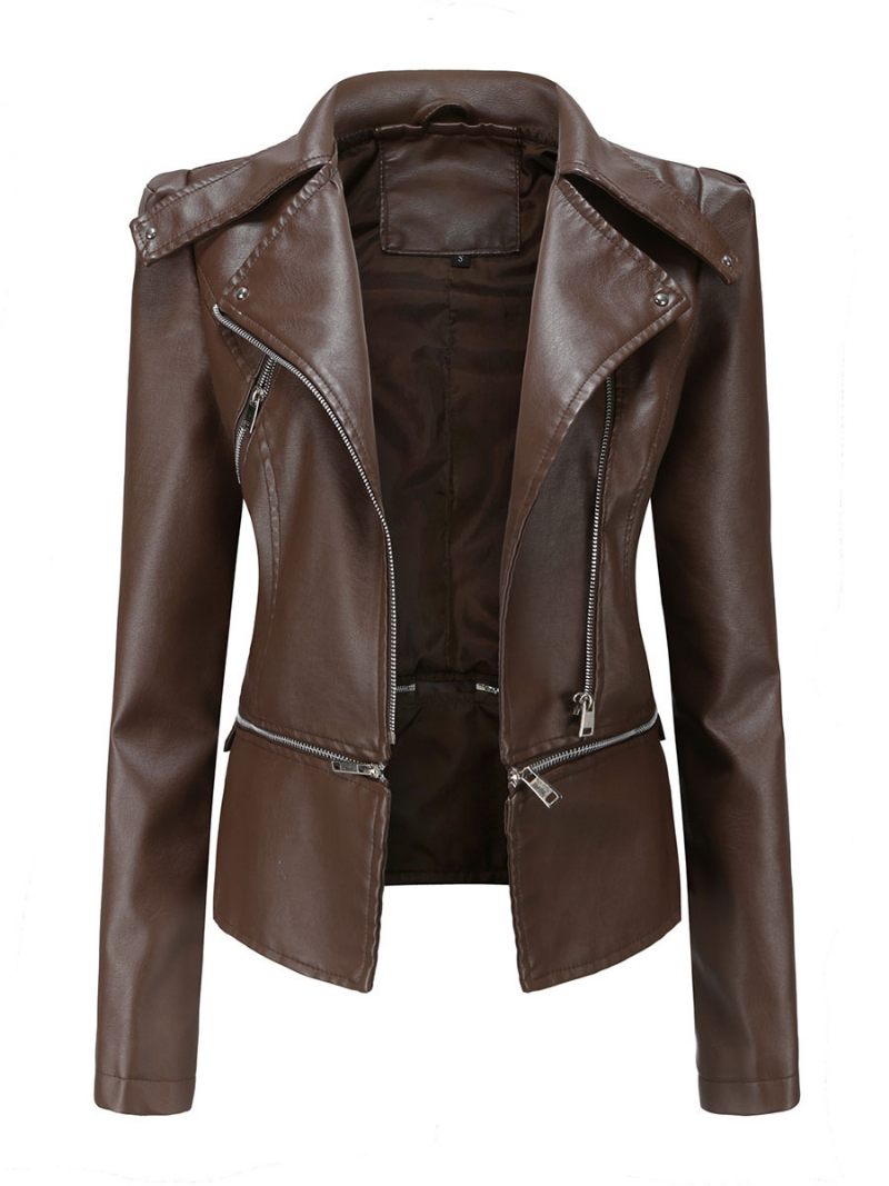 Veste Moto Faux Cuir Abricot Clair Pu Ourlet Détachable Fermeture Éclair À Revers Vêtements D'extérieur Motard Pour Femmes Printemps Et Automne - Marron Foncé