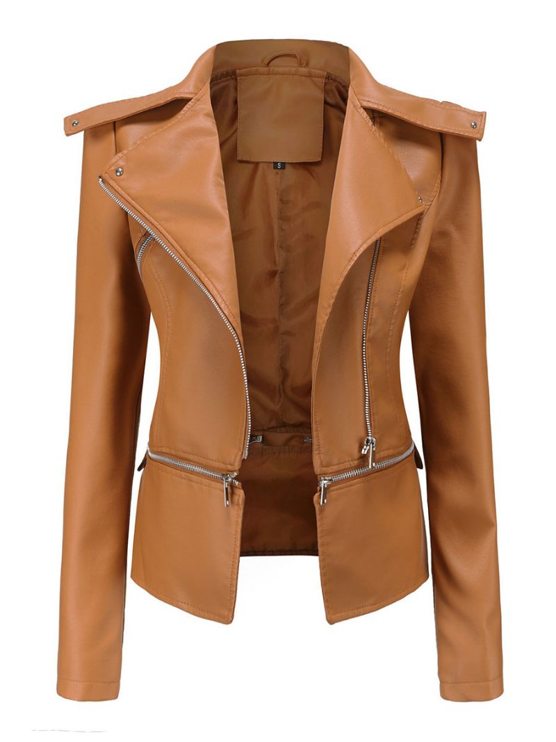 Veste Moto Faux Cuir Abricot Clair Pu Ourlet Détachable Fermeture Éclair À Revers Vêtements D'extérieur Motard Pour Femmes Printemps Et Automne - Camel