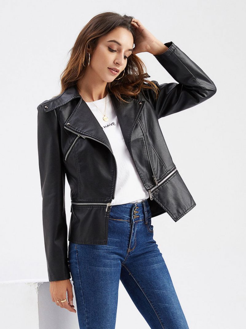 Veste Moto Faux Cuir Abricot Clair Pu Ourlet Détachable Fermeture Éclair À Revers Vêtements D'extérieur Motard Pour Femmes Printemps Et Automne - Noir