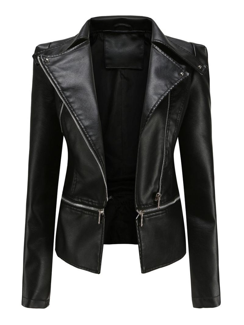 Veste Moto Faux Cuir Abricot Clair Pu Ourlet Détachable Fermeture Éclair À Revers Vêtements D'extérieur Motard Pour Femmes Printemps Et Automne - Noir