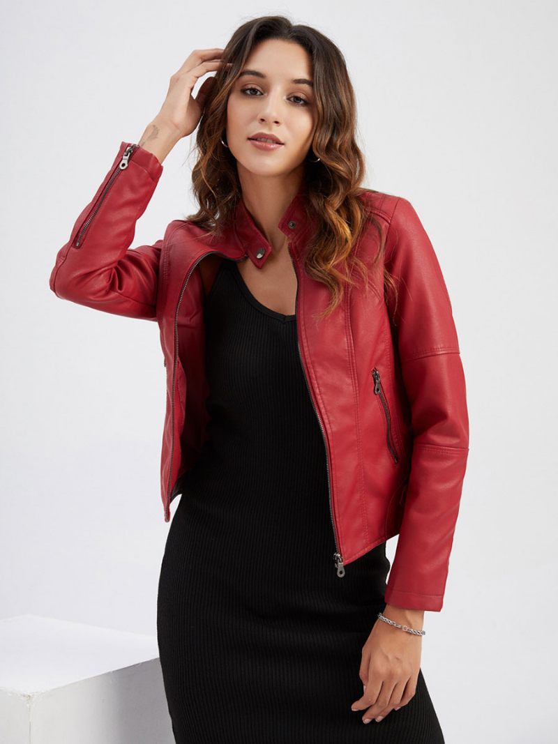 Veste Moto Faux Cuir Col Montant Fermeture Éclair Rouge Couleur Unie Pu Vêtements D'extérieur Motard Pour Femmes Printemps Et Automne