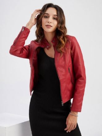 Veste Moto Faux Cuir Col Montant Fermeture Éclair Rouge Couleur Unie Pu Vêtements D'extérieur Motard Pour Femmes Printemps Et Automne