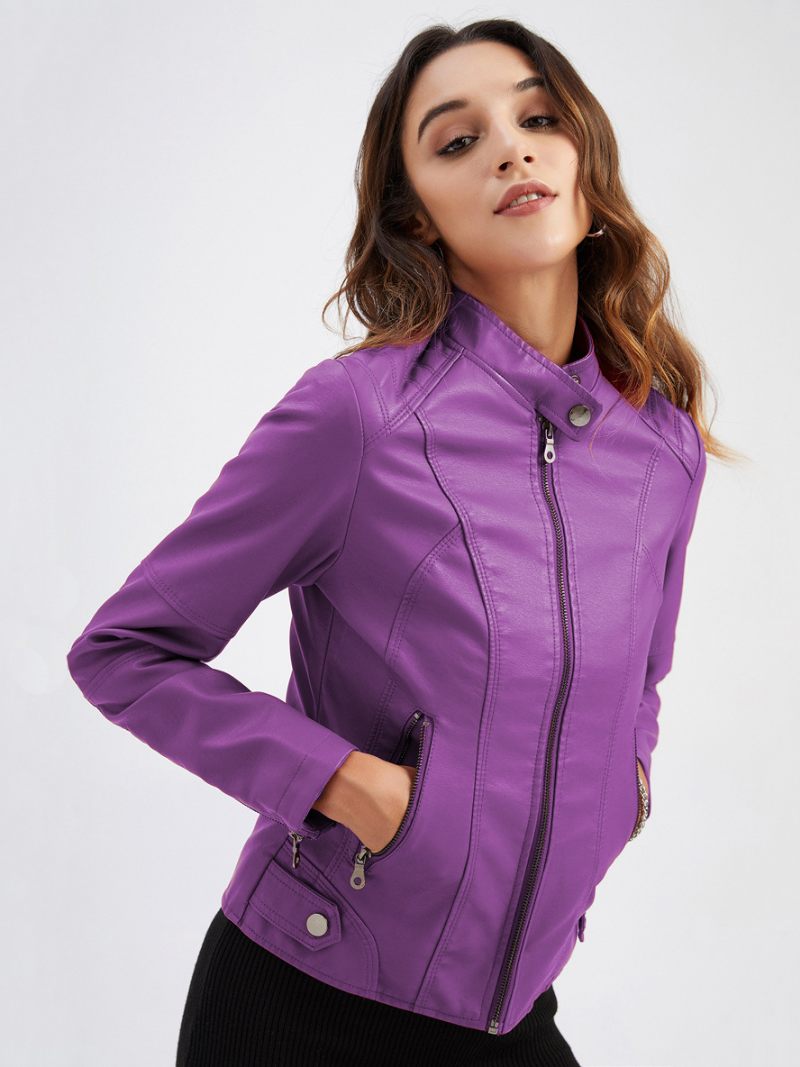 Veste Moto Faux Cuir Col Montant Fermeture Éclair Rouge Couleur Unie Pu Vêtements D'extérieur Motard Pour Femmes Printemps Et Automne - Violet