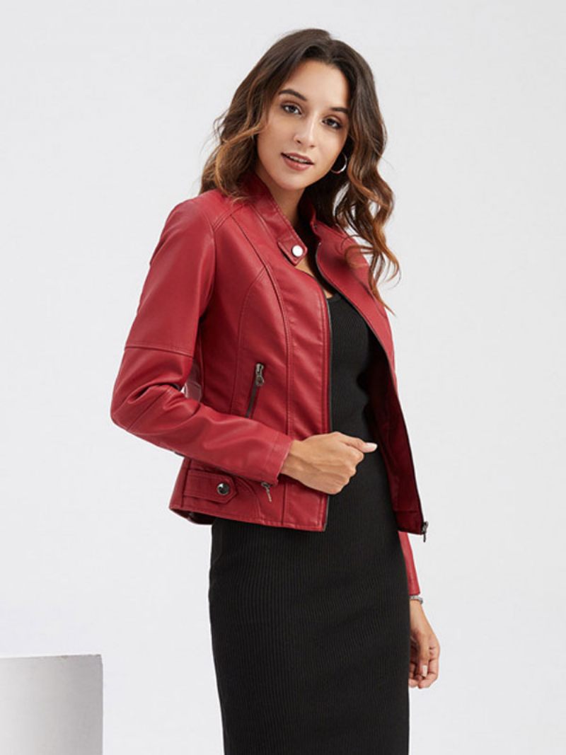 Veste Moto Faux Cuir Col Montant Fermeture Éclair Rouge Couleur Unie Pu Vêtements D'extérieur Motard Pour Femmes Printemps Et Automne - Rouge