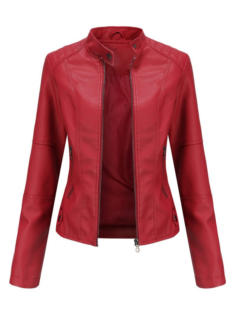 Veste Moto Faux Cuir Col Montant Fermeture Éclair Rouge Couleur Unie Pu Vêtements D'extérieur Motard Pour Femmes Printemps Et Automne - Rouge