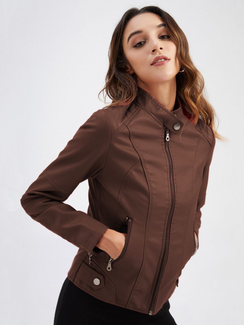 Veste Moto Faux Cuir Col Montant Fermeture Éclair Rouge Couleur Unie Pu Vêtements D'extérieur Motard Pour Femmes Printemps Et Automne - Marron Foncé