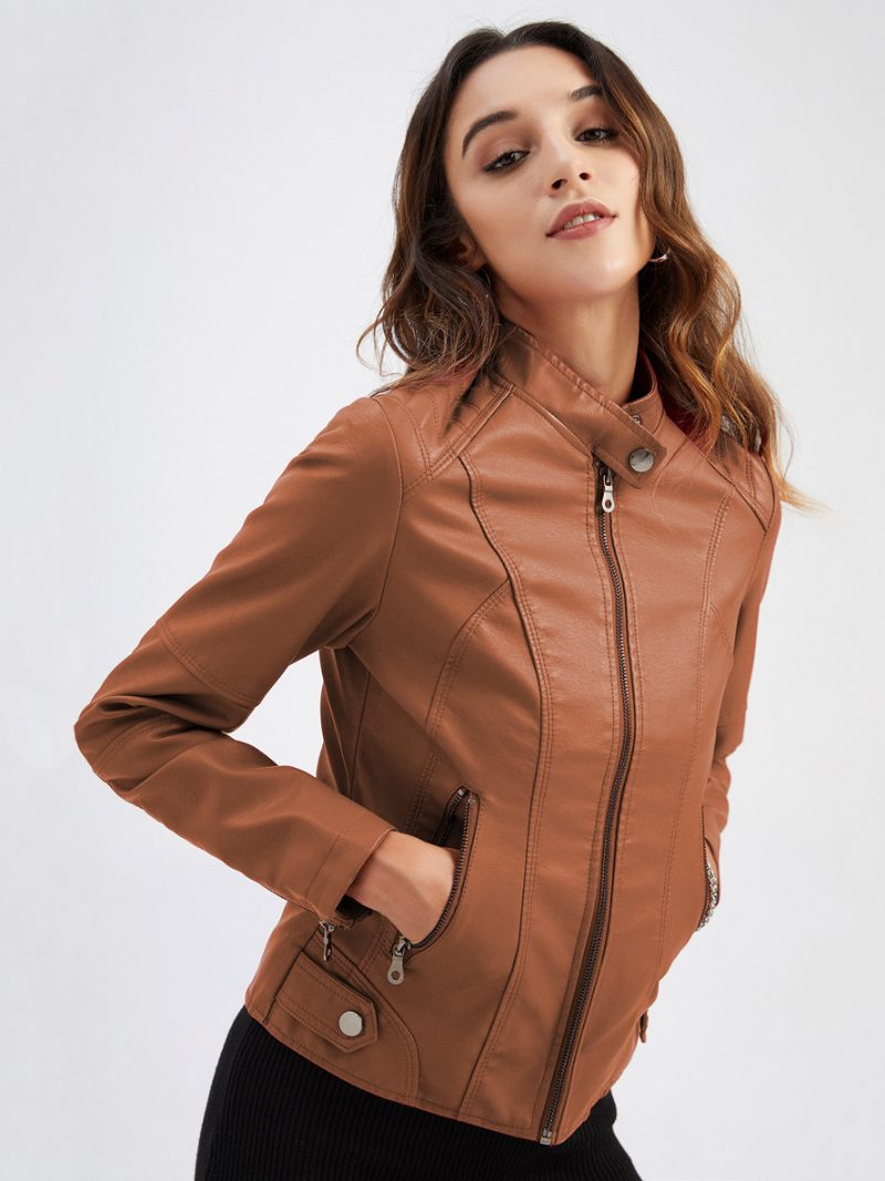 Veste Moto Faux Cuir Col Montant Fermeture Éclair Rouge Couleur Unie Pu Vêtements D'extérieur Motard Pour Femmes Printemps Et Automne - Camel