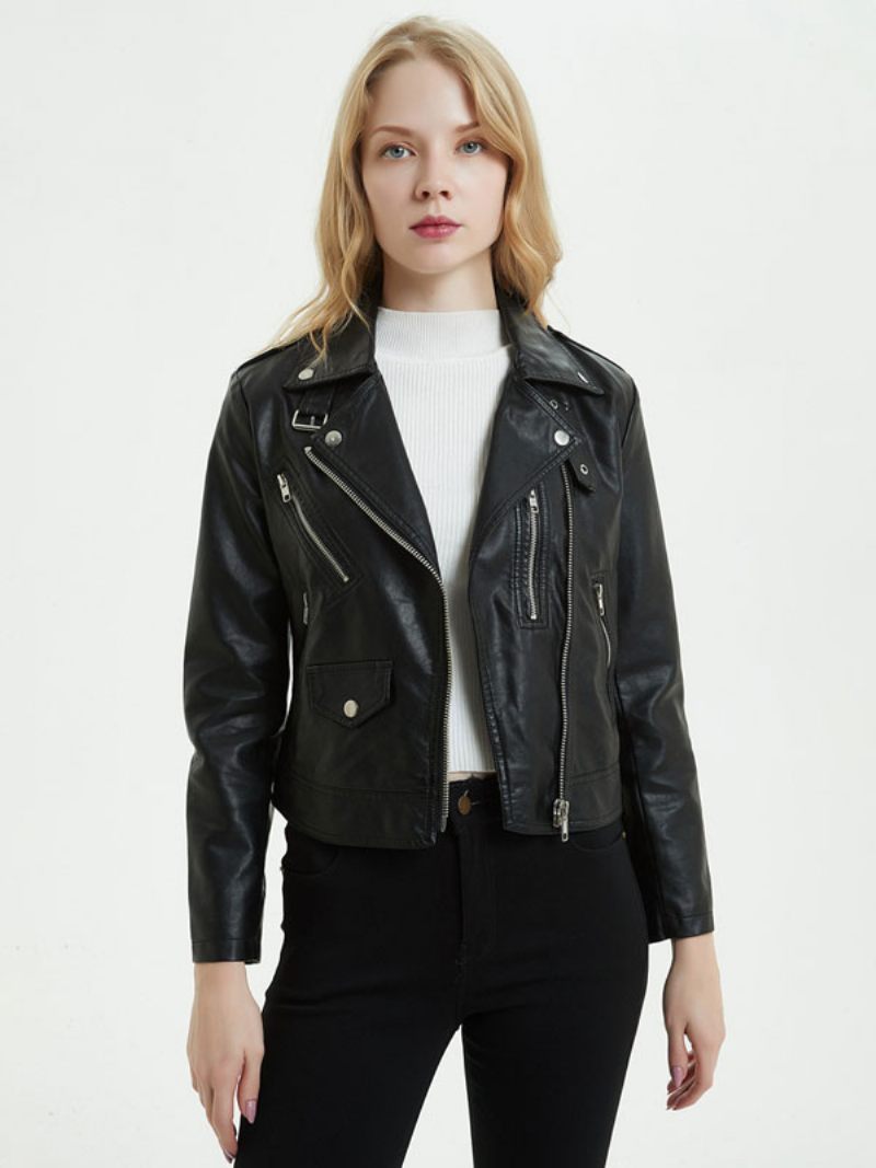 Veste Moto Faux Cuir Pu Col Rabattu Fermeture Éclair Style Petit Ami Coupe Cintrée Revers Printemps Automne Noir Vêtements D'extérieur Motard Pour Femmes