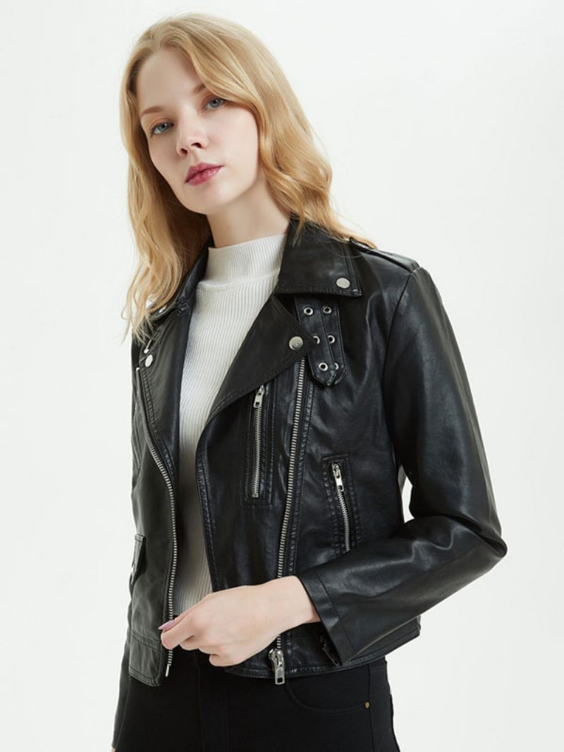 Veste Moto Faux Cuir Pu Col Rabattu Fermeture Éclair Style Petit Ami Coupe Cintrée Revers Printemps Automne Noir Vêtements D'extérieur Motard Pour Femmes - Noir