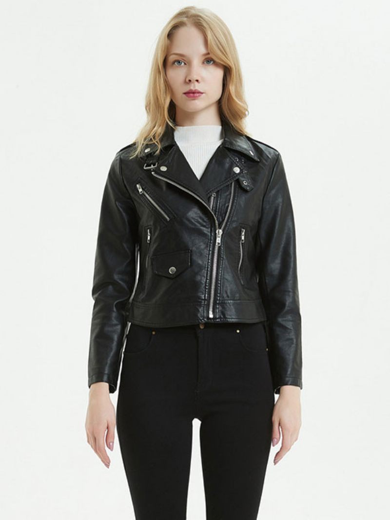 Veste Moto Faux Cuir Pu Col Rabattu Fermeture Éclair Style Petit Ami Coupe Cintrée Revers Printemps Automne Noir Vêtements D'extérieur Motard Pour Femmes - Noir