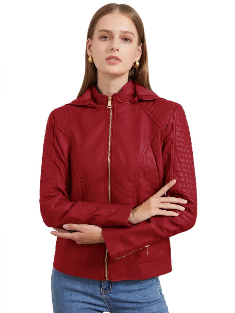 Veste Moto Pour Femmes Cuir Pu À Capuche Vêtements D'extérieur Printemps 2024 - Rouge