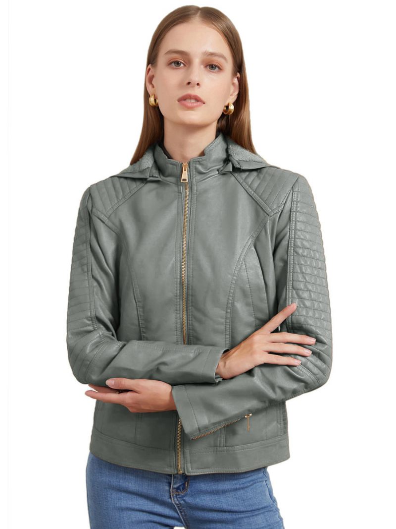 Veste Moto Pour Femmes Cuir Pu À Capuche Vêtements D'extérieur Printemps 2024 - Gris