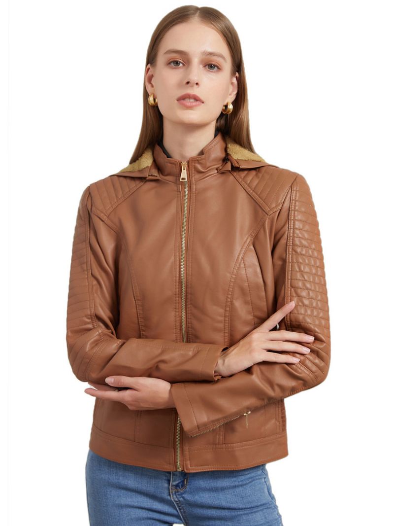 Veste Moto Pour Femmes Cuir Pu À Capuche Vêtements D'extérieur Printemps 2024 - Camel