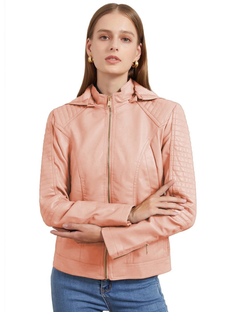 Veste Moto Pour Femmes Cuir Pu À Capuche Vêtements D'extérieur Printemps 2024 - Rose