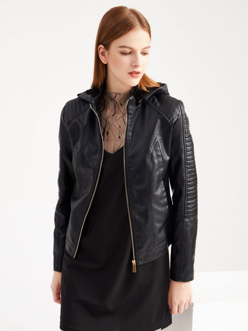 Veste Moto Pour Femmes Cuir Pu À Capuche Vêtements D'extérieur Printemps 2024 - Noir