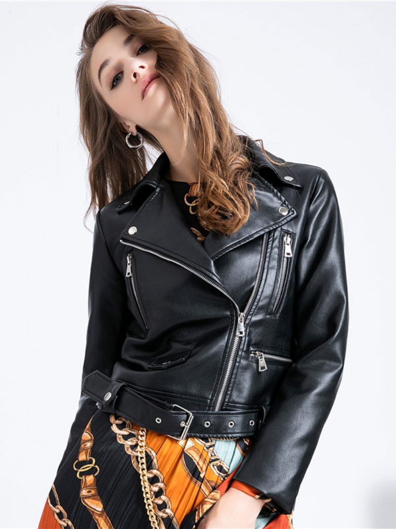 Veste Moto Pour Femmes Cuir Pu Noir Vêtements D'extérieur Printemps