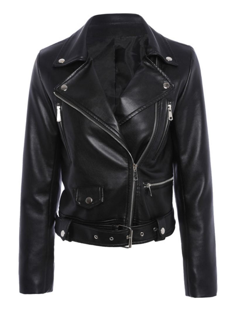 Veste Moto Pour Femmes Cuir Pu Noir Vêtements D'extérieur Printemps - Noir