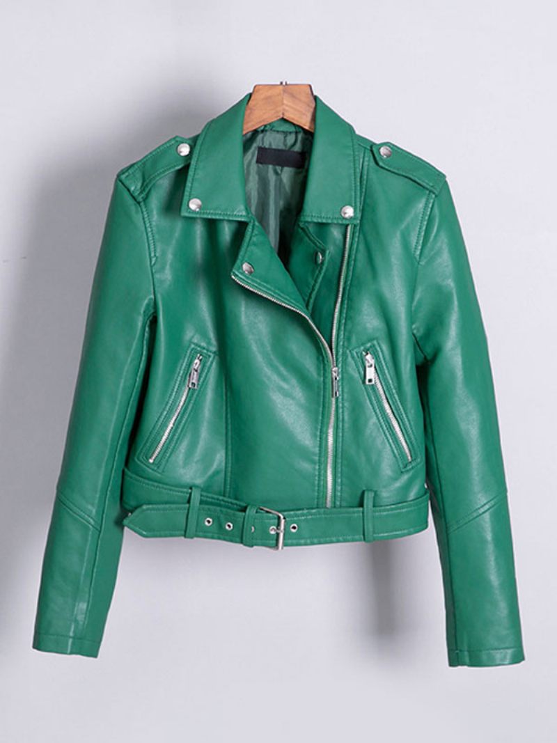 Veste Moto Simili Cuir Blanc Pu Col Rabattu Manches Longues Style Petit Ami Fermeture Éclair Décontracté Printemps Automne Motard Vêtements D'extérieur Pour Femmes - Vert