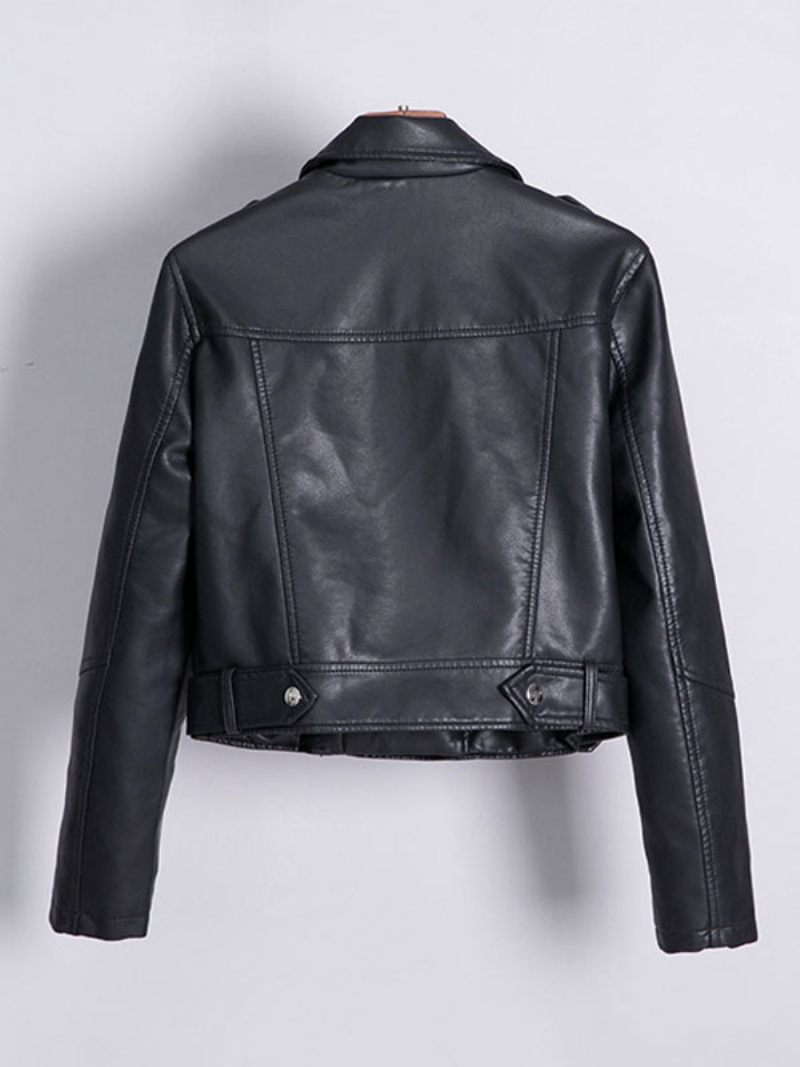 Veste Moto Simili Cuir Blanc Pu Col Rabattu Manches Longues Style Petit Ami Fermeture Éclair Décontracté Printemps Automne Motard Vêtements D'extérieur Pour Femmes - Noir