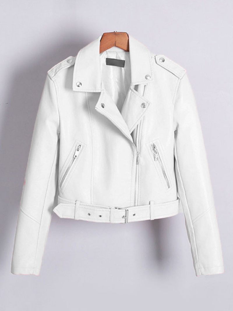 Veste Moto Simili Cuir Blanc Pu Col Rabattu Manches Longues Style Petit Ami Fermeture Éclair Décontracté Printemps Automne Motard Vêtements D'extérieur Pour Femmes - Blanc