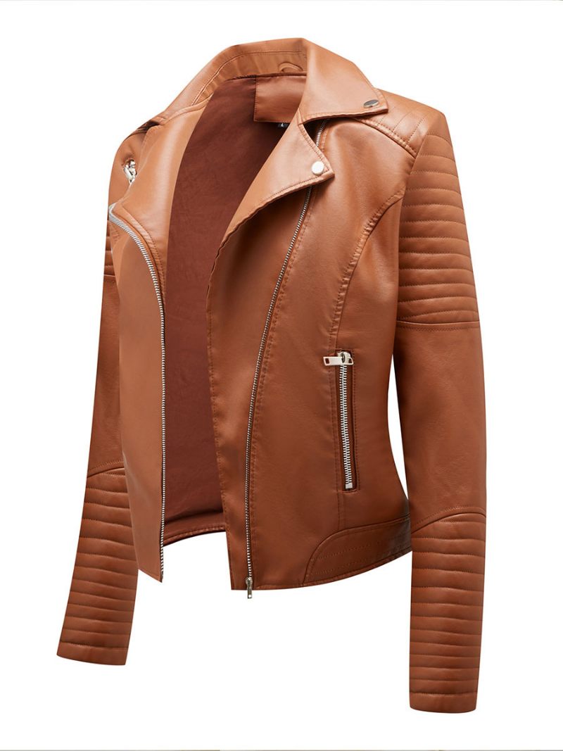 Veste Moto Simili Cuir Col Rabattu Jaune Pu Coupe Décontractée Printemps Automne Vêtements D'extérieur Motard Pour Femmes - Camel