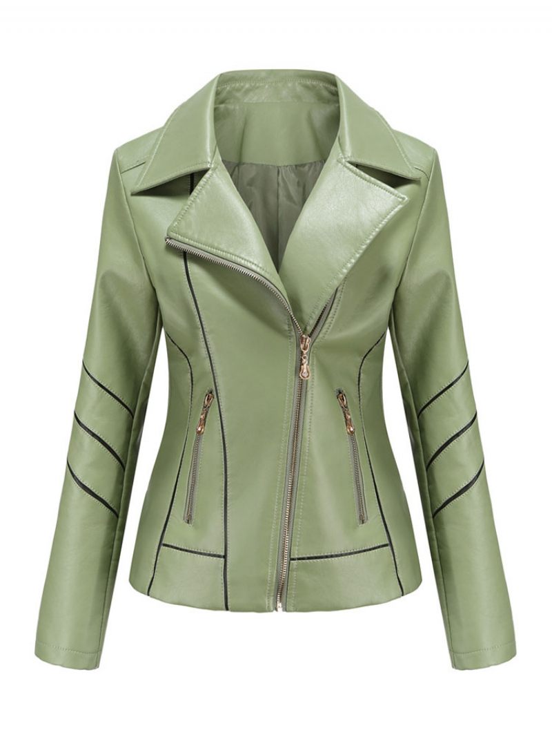 Veste Moto Simili Cuir Écru Blanc Pu Bicolore Revers Fermeture Éclair Printemps Automne Champ Motard Vêtements D'extérieur Pour Femmes - Vert