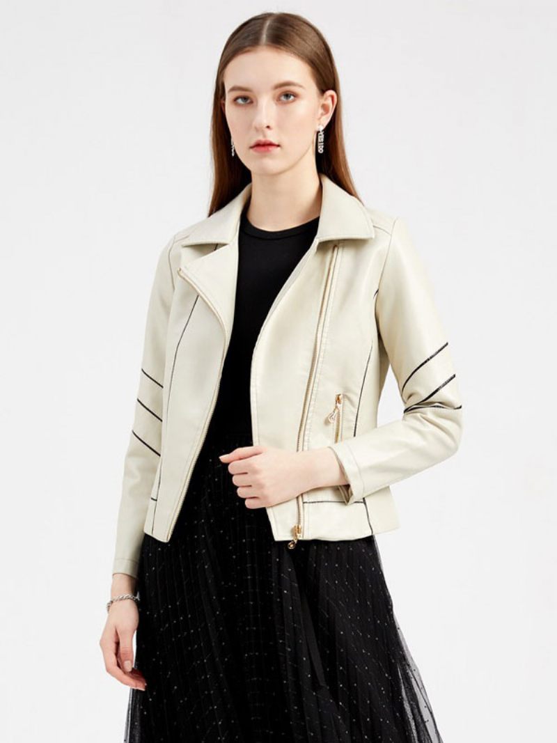 Veste Moto Simili Cuir Écru Blanc Pu Bicolore Revers Fermeture Éclair Printemps Automne Champ Motard Vêtements D'extérieur Pour Femmes - Beige