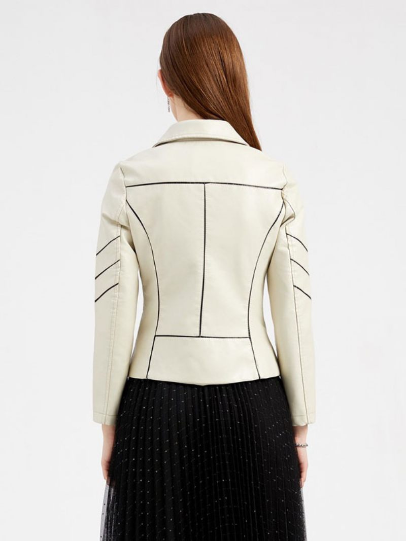 Veste Moto Simili Cuir Écru Blanc Pu Bicolore Revers Fermeture Éclair Printemps Automne Champ Motard Vêtements D'extérieur Pour Femmes - Beige