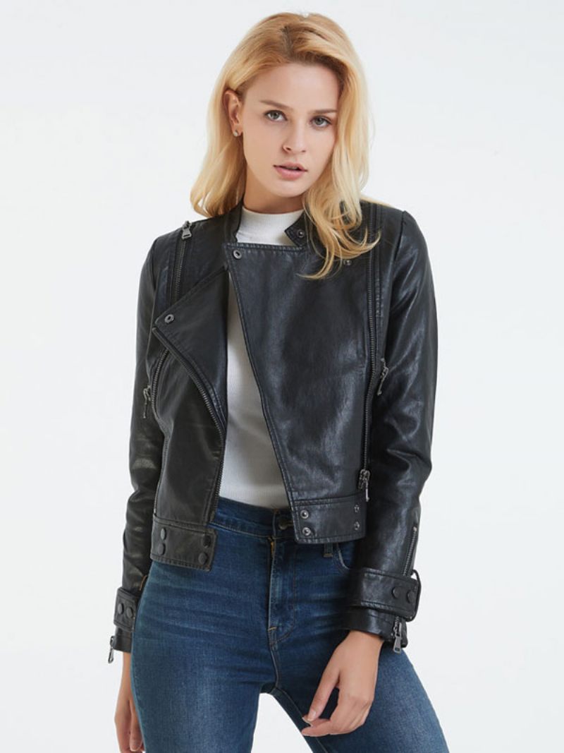 Veste Moto Simili Cuir Noir Col Montant Pu Style Petit Ami Bouton Coupe Décontractée Manches Longues Décontracté Printemps Automne Motard Vêtements D'extérieur Pour Femme