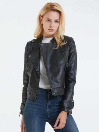 Veste Moto Simili Cuir Noir Col Montant Pu Style Petit Ami Bouton Coupe Décontractée Manches Longues Décontracté Printemps Automne Motard Vêtements D'extérieur Pour Femme