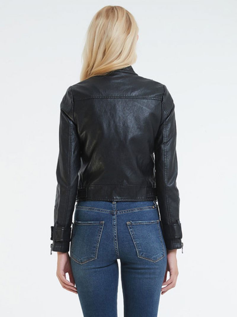 Veste Moto Simili Cuir Noir Col Montant Pu Style Petit Ami Bouton Coupe Décontractée Manches Longues Décontracté Printemps Automne Motard Vêtements D'extérieur Pour Femme - Noir