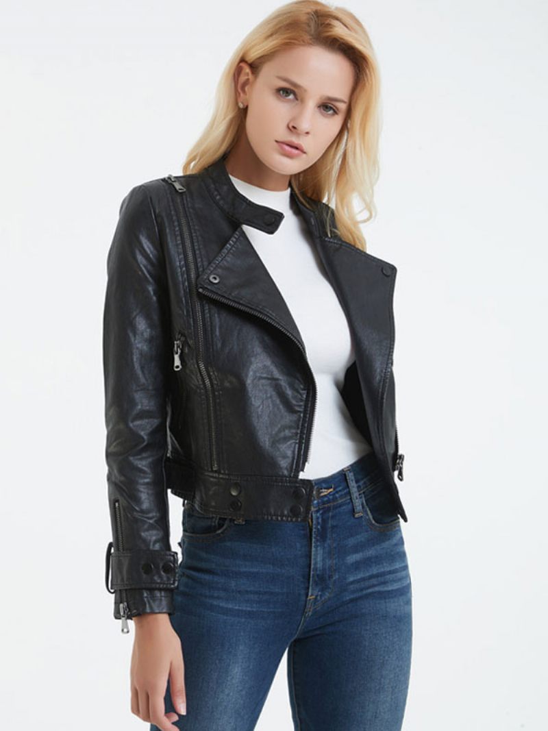 Veste Moto Simili Cuir Noir Col Montant Pu Style Petit Ami Bouton Coupe Décontractée Manches Longues Décontracté Printemps Automne Motard Vêtements D'extérieur Pour Femme - Noir