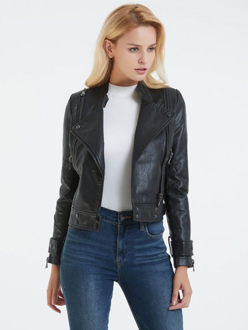 Veste Moto Simili Cuir Noir Col Montant Pu Style Petit Ami Bouton Coupe Décontractée Manches Longues Décontracté Printemps Automne Motard Vêtements D'extérieur Pour Femme - Noir